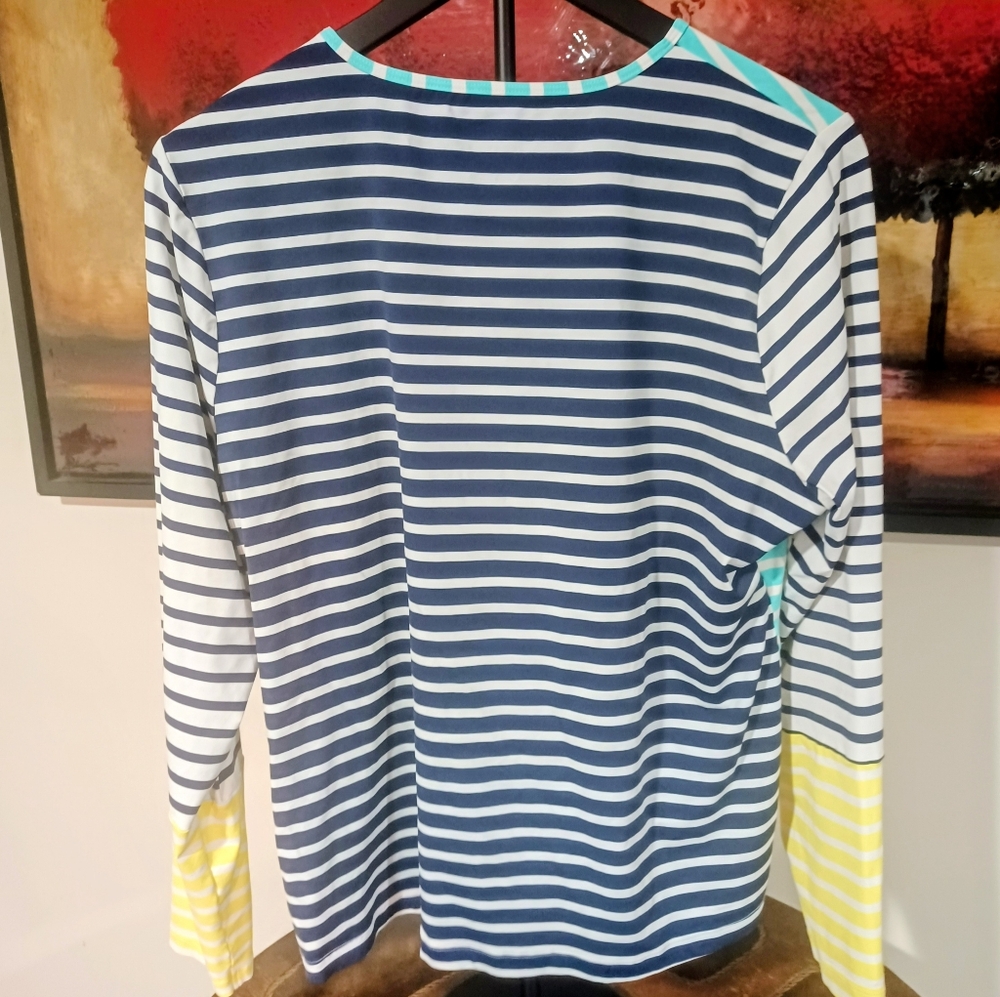 Lands' End Striped in Aqua, Navy & Yellow Summer Shirt - Picture 3 of 4